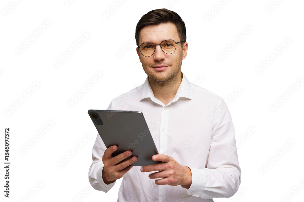 Professional man holding a tablet while wearing glasses in a white shirt indoors