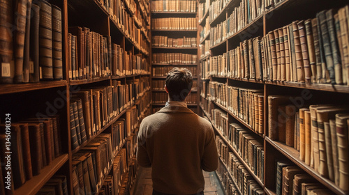 A person exploring a vast library filled with ancient books, surrounded by rows of wooden shelves