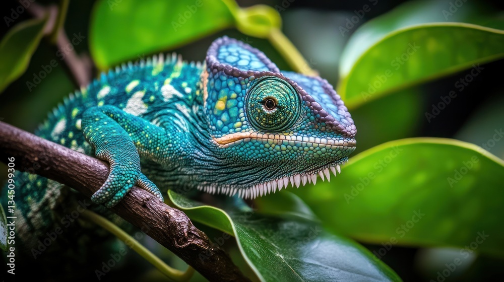 Vibrant Reptile Perched on a Branch with Lush Greenery in the Background Vibrant Reptile Perched on a Branch with Lush Greenery in the Background
