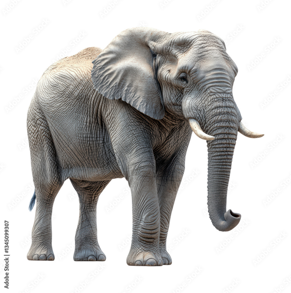 Fototapeta premium Majestic African Elephant with Detailed Wrinkled Skin Texture and Ivory Tusks in Side View Wildlife Photography Isolated on Transparent and White Background