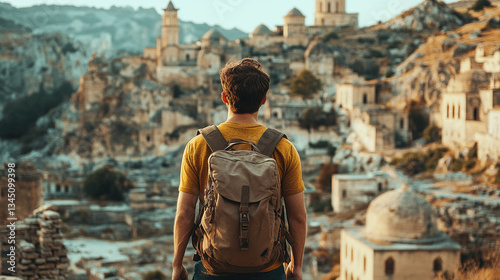 A traveler gazes at ancient rock-cut architecture in a historic landscape during sunset