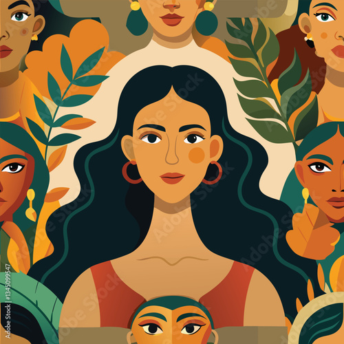 Graceful Flat Illustration of a Woman Surrounded by Lush Foliage