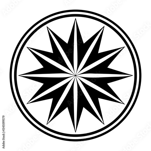 an image of a detailed black and white star within a circular design. The star has sharp points radiating outward vector illustration