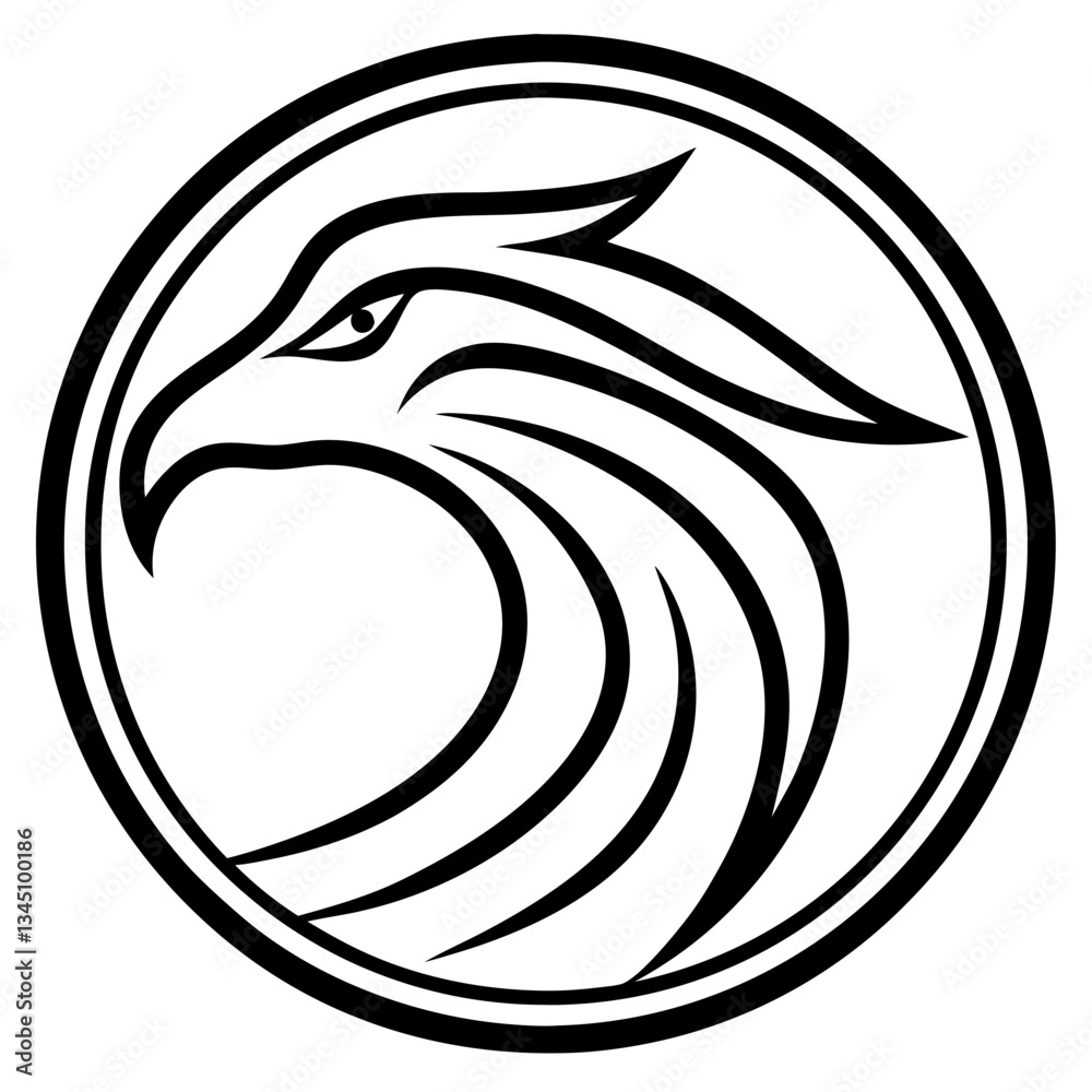 Naklejka premium a minimalist monochrome illustration of a hawk's head, enclosed in a circle. This design is clean and impactful, showcasing the hawk's sharp features with bold lines