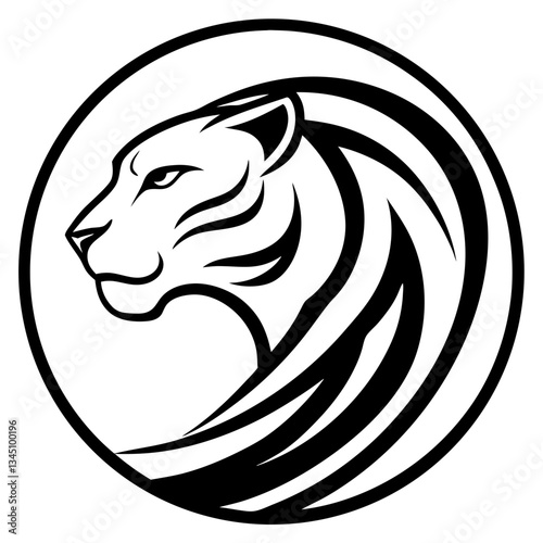 a stylized illustration of a tiger's head, portrayed in a minimalist, artistic style inside a circle. The tiger is depicted in profile with bold lines and elegant curves. vector illustration