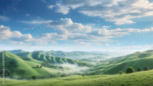 A panoramic view of lush, rolling hills blanketed in greenery under a soft, blue sky.