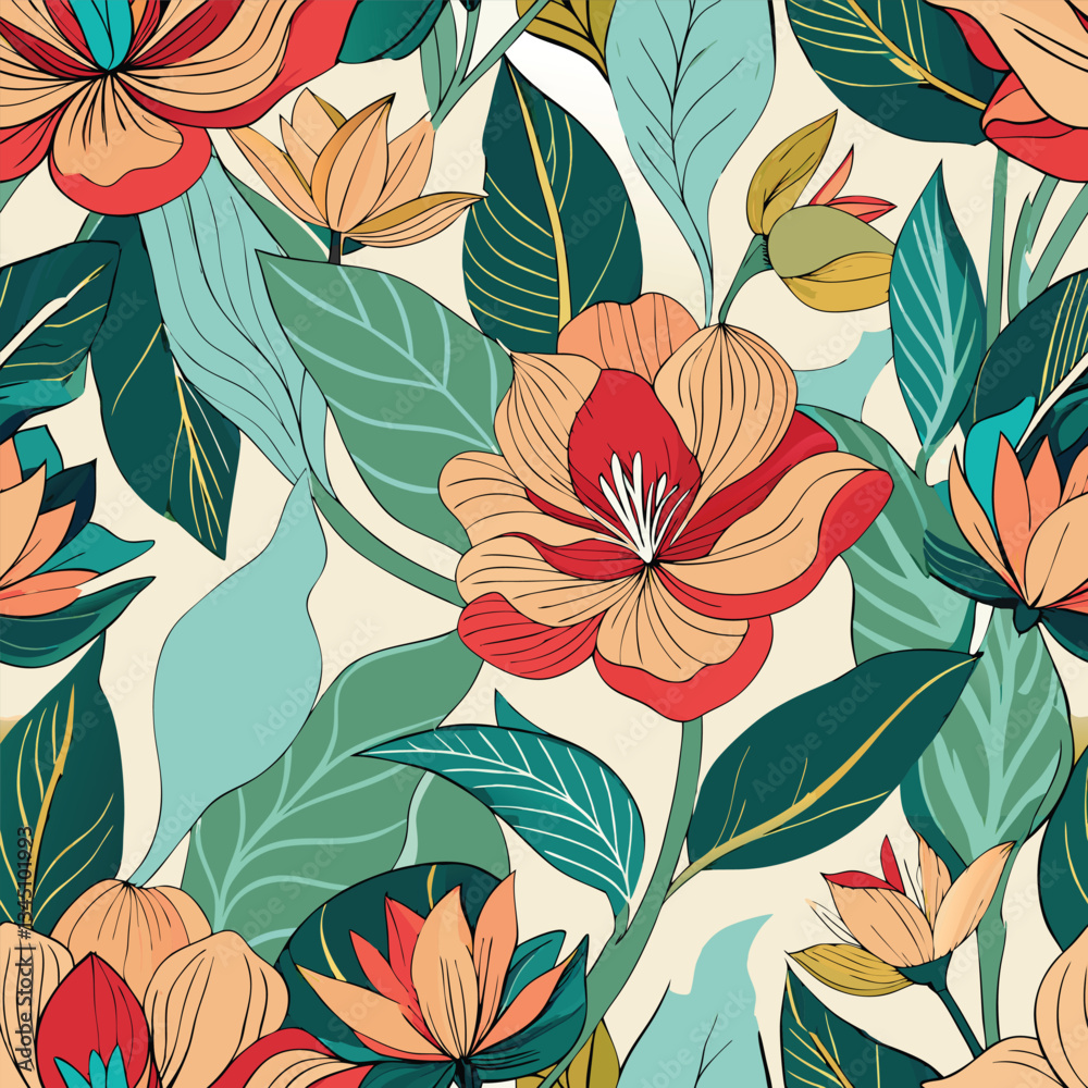 Botanical Abstract Line Floral Seamless Pattern for Textiles and Home Decor