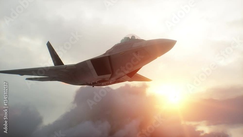 Military fighter jet F-22 flying over clouds. Air force.