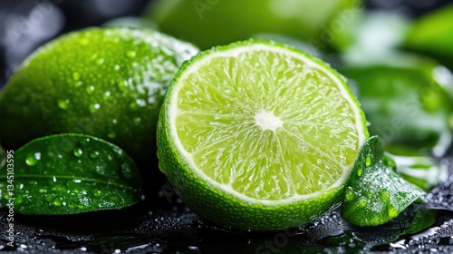 Fresh, vibrant limes with dew drops and leaves