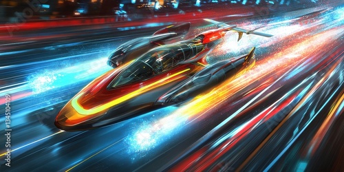 A sleek futuristic vehicle speeding along a city at night