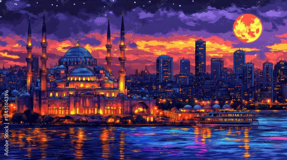 Fototapeta premium A vibrant illustration depicts a waterside cityscape under a dramatic sunset