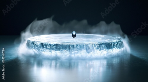 A single drop of water frozen on a circular ice platform emitting dry ice fog.