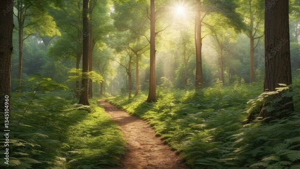 Obraz premium A serene forest scene featuring a pathway lined with tall trees,