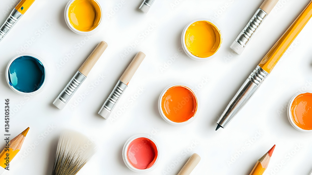 Colorful Paint Brushes and Tubes Flat Lay on White Background Colorful Paint Brushes and Tubes Flat Lay on White Background