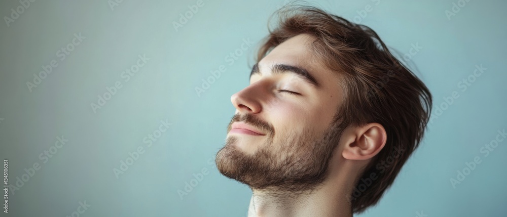 Fototapeta premium Serene Caucasian man with closed eyes, breathing deeply indoors for stress relief and mindfulness meditation Concept of mental health, wellness, and relaxation
