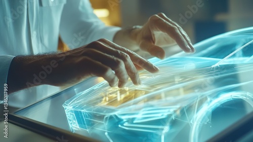 A person is interacting with a futuristic car design display