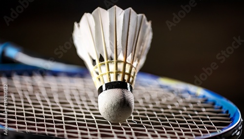 A macro view of a shuttlecock on a badminton racket; a close up view of a shuttlecock and racket; sports and sportsmanship; up and close view of a shuttlecock on top of the badminton racket; 