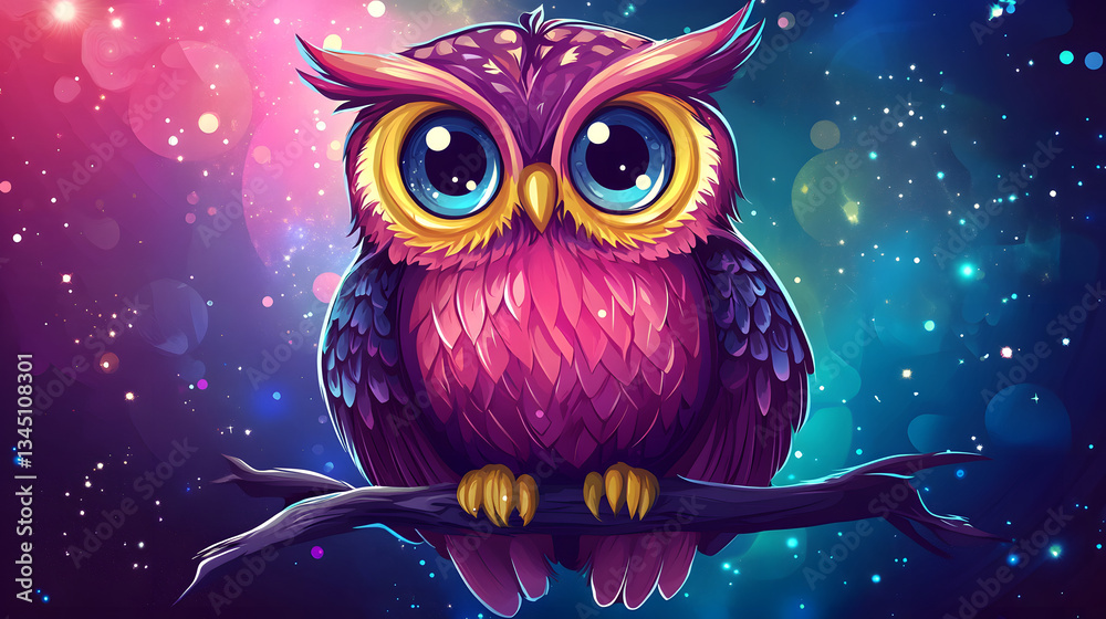 Fototapeta premium Colorful Owl Cartoon with Galaxy Background - Fun and Playful Illustration for Kids and Education
