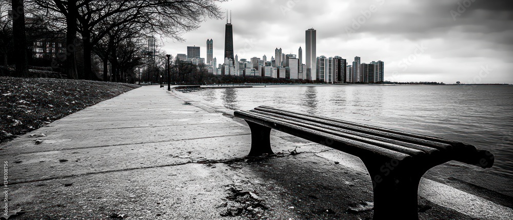 Obraz premium A black and white photograph of a cityscape at waterside