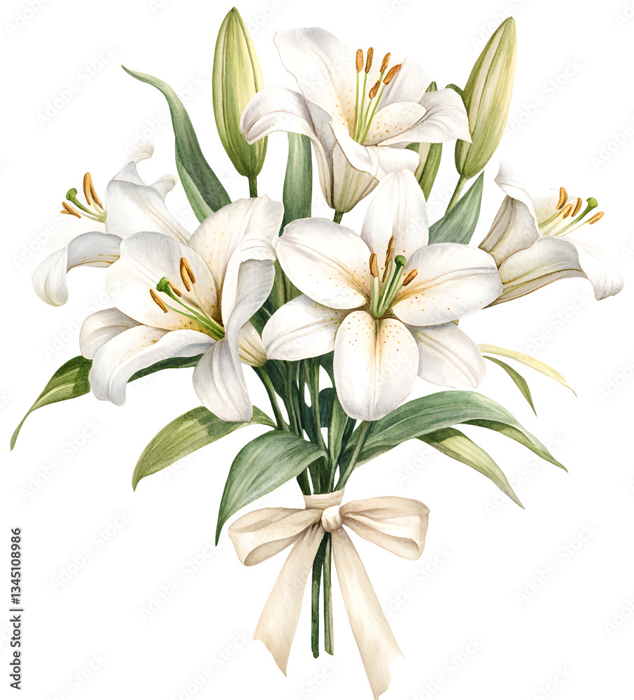 Isolate transparent White lilies bouquet with green leaves, PNG die cut for advertising Isolate transparent White lilies bouquet with green leaves, PNG die cut for advertising