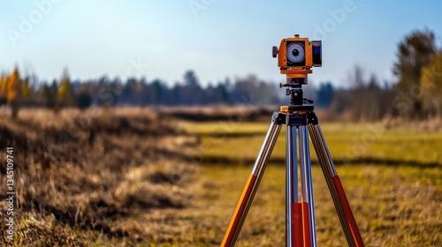 A land surveying tripod with a mounted theodolite, facing a construction area.