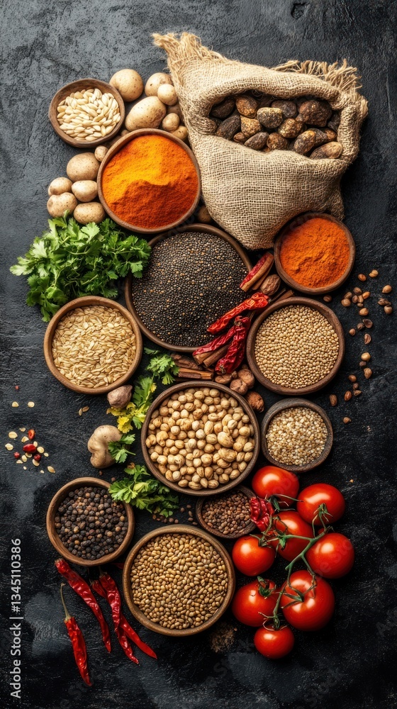 An Arrangement of Spices Herbs and Vegetables on Dark Surface An Arrangement of Spices Herbs and Vegetables on Dark Surface