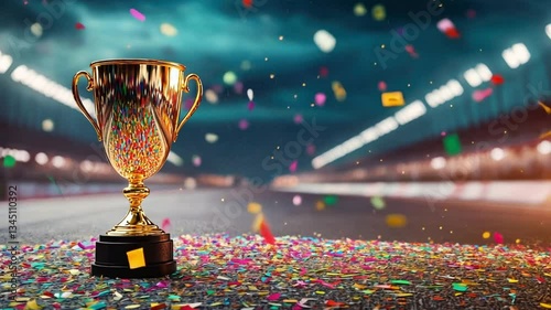 Victory Trophy on Race Track with Confetti