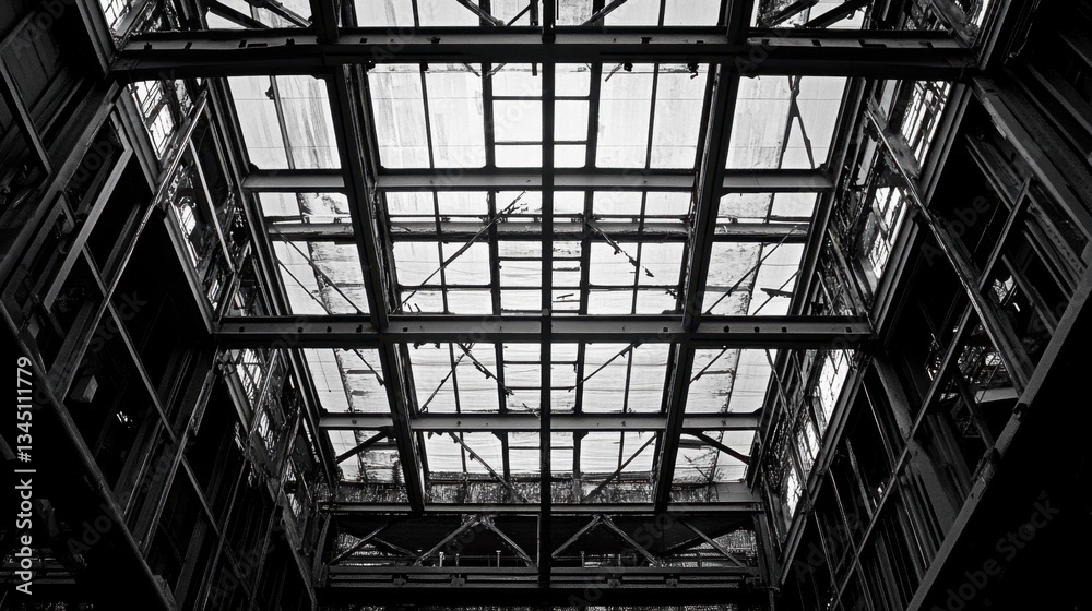 Obraz premium Metal roof trusses of a factory warehouse, exposed for construction.