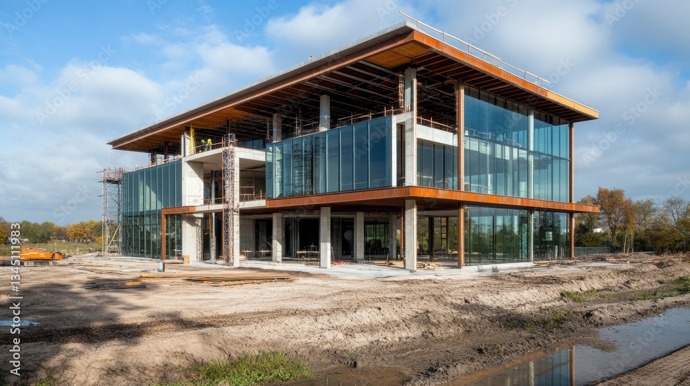 Modern industrial plant under construction with glass walls and energy-efficient materials. Modern industrial plant under construction with glass walls and energy-efficient materials.