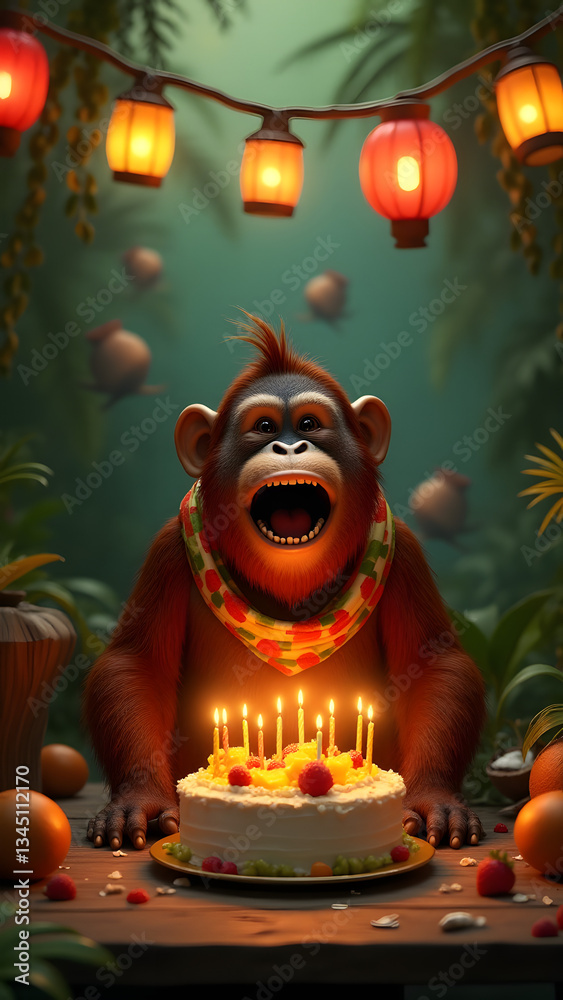 Fototapeta premium A happy orangutan in a scarf celebrates a birthday with a tropical fruit-themed cake, lit candles, and a lush jungle setting full of charm and whimsy.