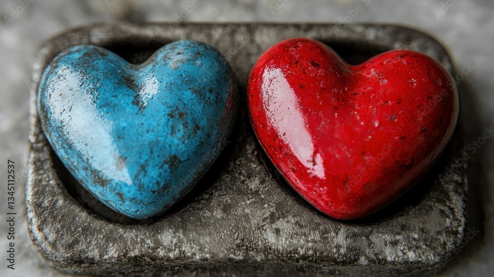 Obraz premium Blue and red heart candies sit in gray holder. Close-up, textured