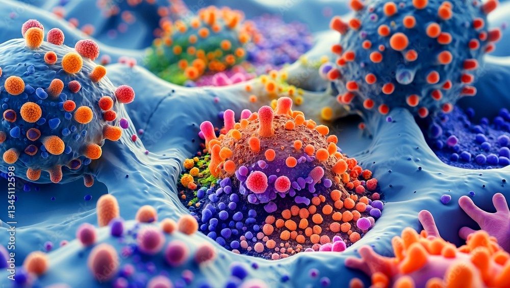 Colorful microscopic view of fungi enzymatic activity Colorful microscopic view of fungi enzymatic activity