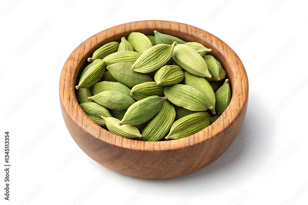Cardamom pods in wooden bowl isolated on white background Cardamom pods in wooden bowl isolated on white background