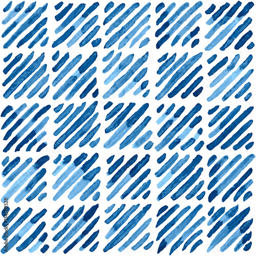 Indigo blue hand painted diagonal lines squares background. Seamless vector pattern