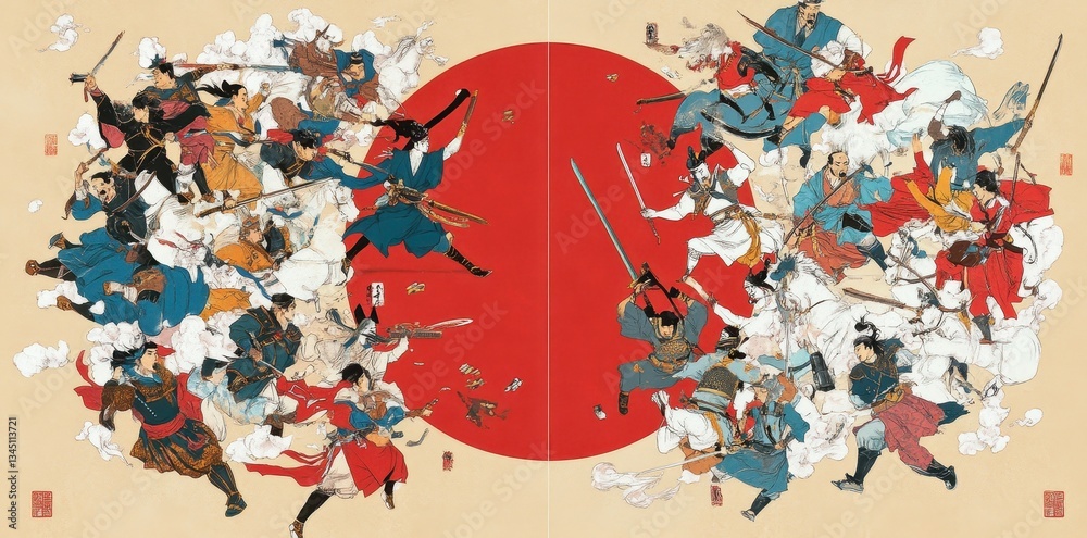 Naklejka premium A Group Of Warriors Engaged In Intense Combat Around a Red Circle