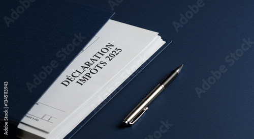 Déclaration impôts 2025 texte sur le document dans le dossier. Dossier contenant un document de déclaration fiscale pour 2025, accompagné d'un stylo argenté sur une surface sombre couleur marine