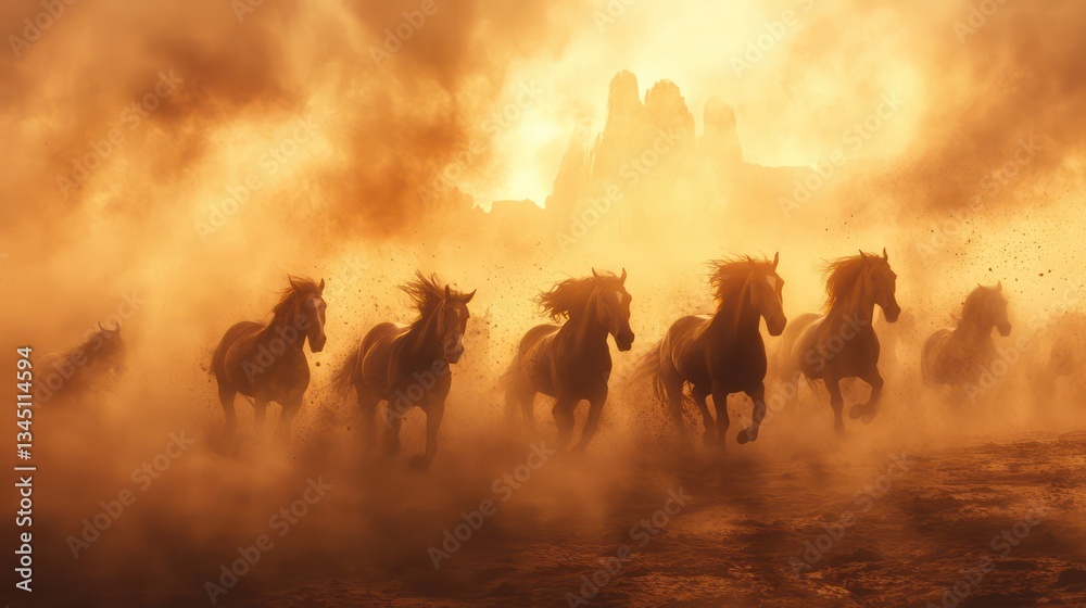 Fototapeta premium Horses galloping sunset dust storm desert mountains