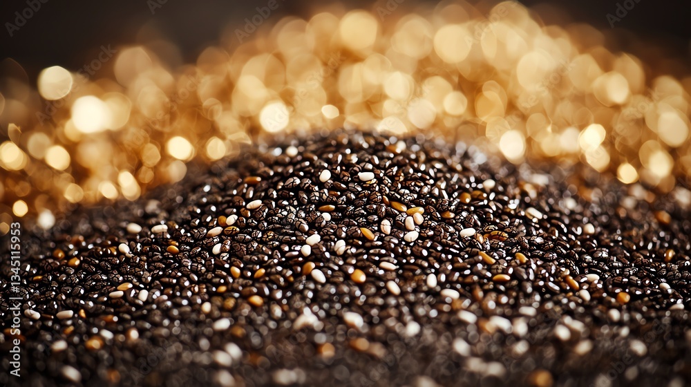 Macro shot of a mixture of chia seeds and flaxseeds, rich contrast between glossy black and golden brown hues, shallow depth of field Macro shot of a mixture of chia seeds and flaxseeds, rich contrast between glossy black and golden brown hues, shallow depth of field