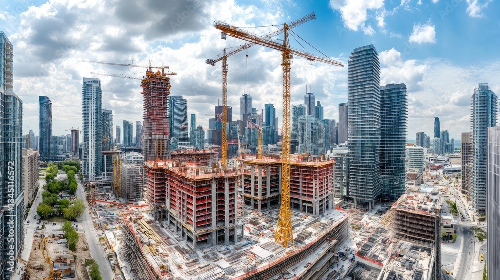 Fototapeta premium A panoramic view of a construction crane on a city site, overlooking cranes and building materials.