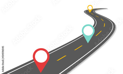 Winding road infographic with colorful location markers, curved highway route with destination pins, navigation path design, travel and journey concept, vector illustration, map direction symbol