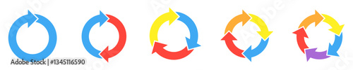 Dynamic circular arrows set, seamless cycle icons, modern reload symbols, endless loop arrows, navigation flow graphics, round direction signs, refreshing curved arrows, motion infographic elements
