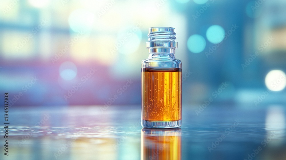 Small amber liquid vial on reflective surface with bokeh background. Small amber liquid vial on reflective surface with bokeh background.