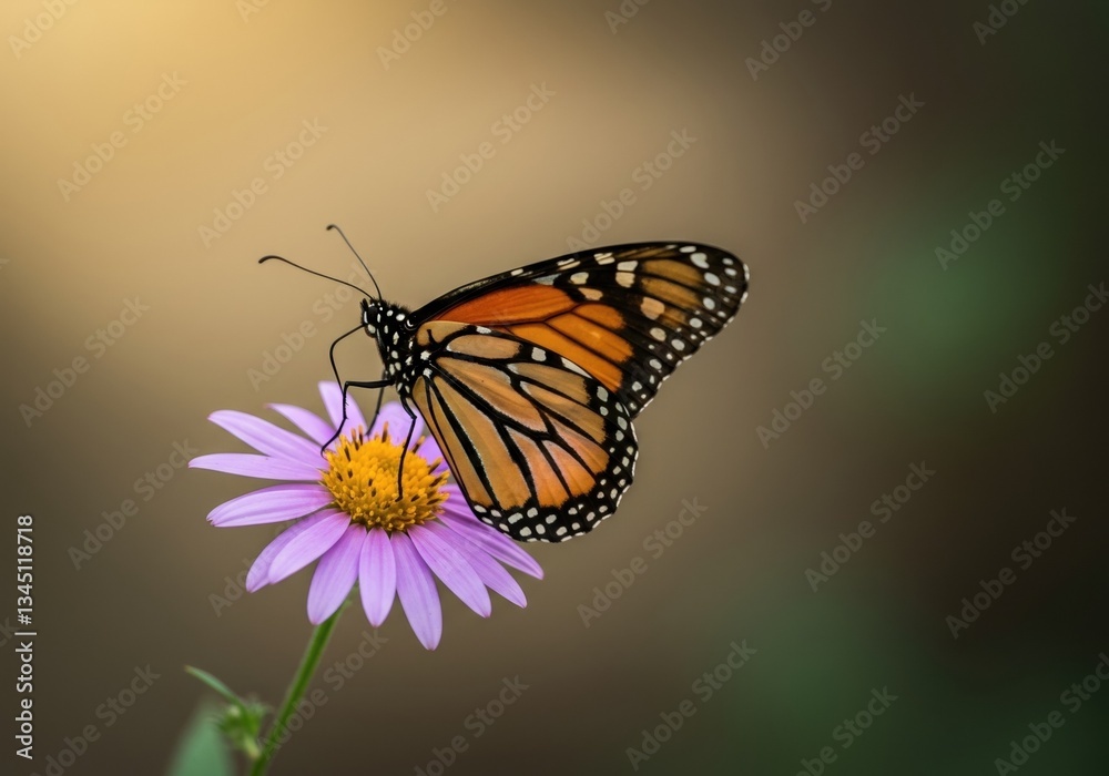Fototapeta premium Beautiful Monarch Butterfly on Purple Flower: Capturing the Elegance of Nature's Pollinators in Stunning Detail Photography