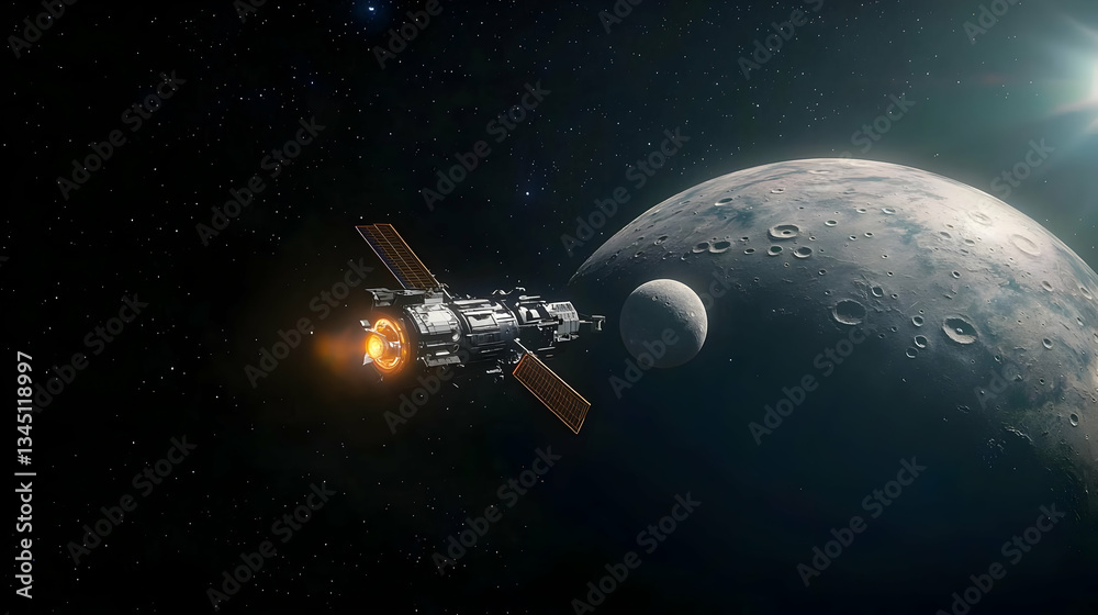 Obraz premium Spacecraft Near Moon In Dark Space