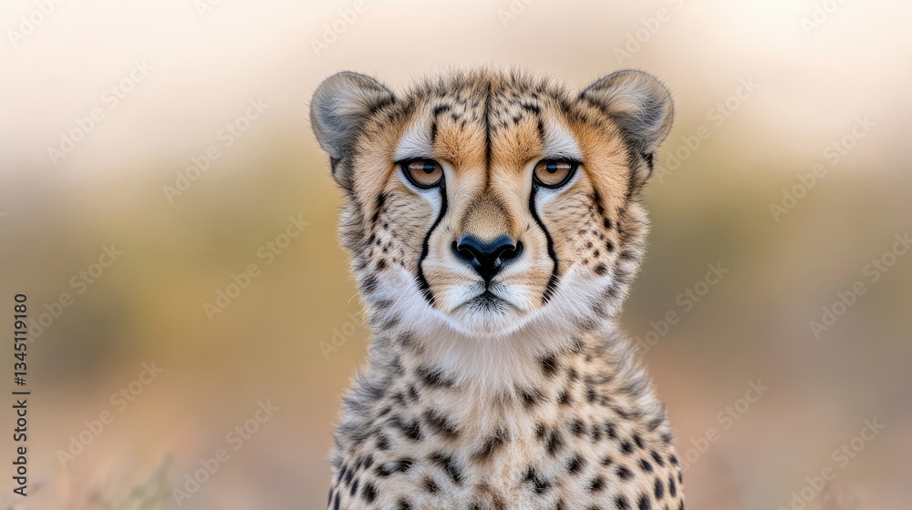Close-up portrait of a cheetah. Focused, alert gaze of a wild cat. Natural habitat background Close-up portrait of a cheetah. Focused, alert gaze of a wild cat. Natural habitat background