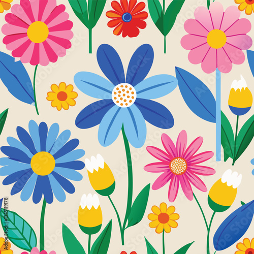 Enchanting Floral Symphony in Blue, Pink, and Yellow