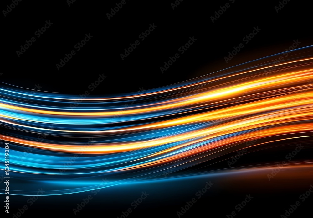 Naklejka premium A vibrant wave of blue and orange light flows gracefully across a black background, creating an energetic and dynamic visual. Perfect for backgrounds, designs, or digital art.