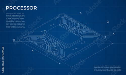 Isometric processor blueprint. Central processing unit or CPU. Computer hardware components. Semiconductor technology concept. Vector illustration
