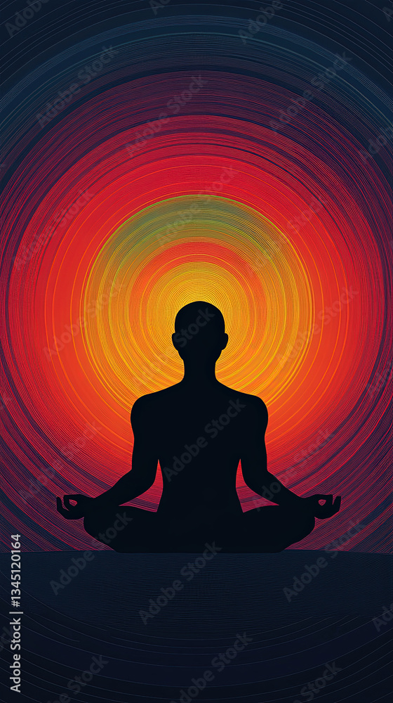A minimalistic surreal illustration of a silhouette in meditation with a luminous Pride rainbow forming a halo around its head A minimalistic surreal illustration of a silhouette in meditation with a luminous Pride rainbow forming a halo around its head