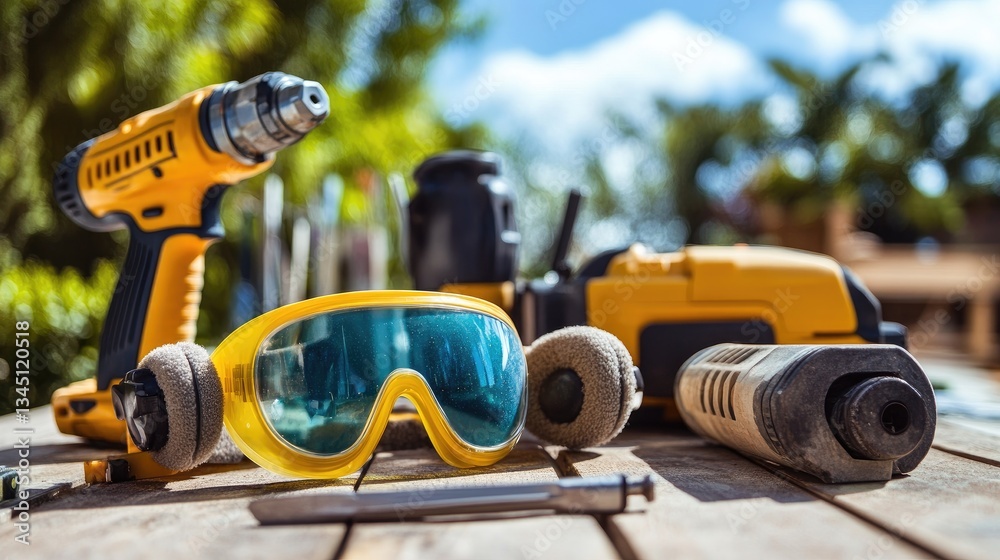 A set of safety goggles and ear protection placed next to power tools on a bench. A set of safety goggles and ear protection placed next to power tools on a bench.
